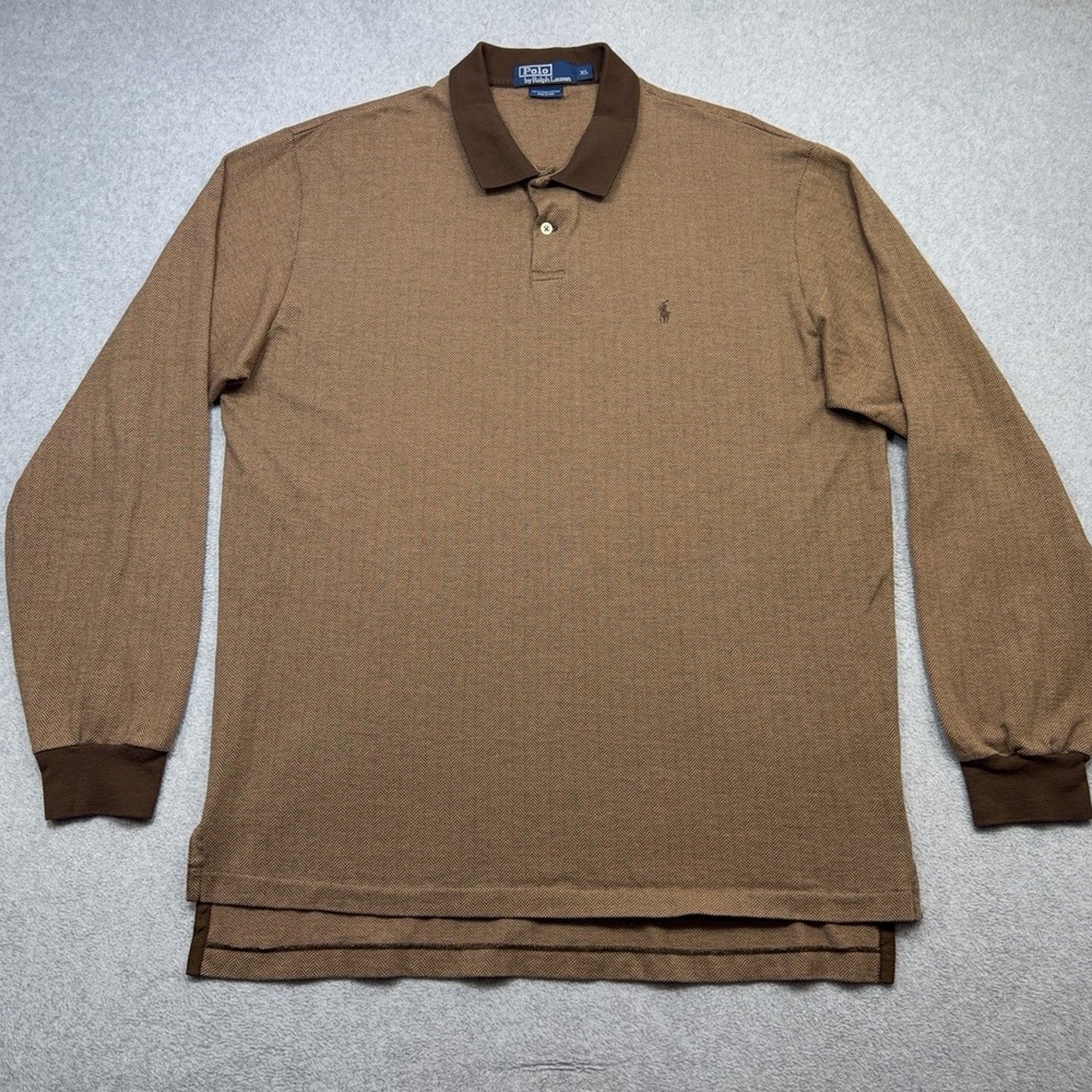 Ralph Lauren Polo Shirt Mens XL Brown Herringbone Pima Cotton Casual Preppy Soft